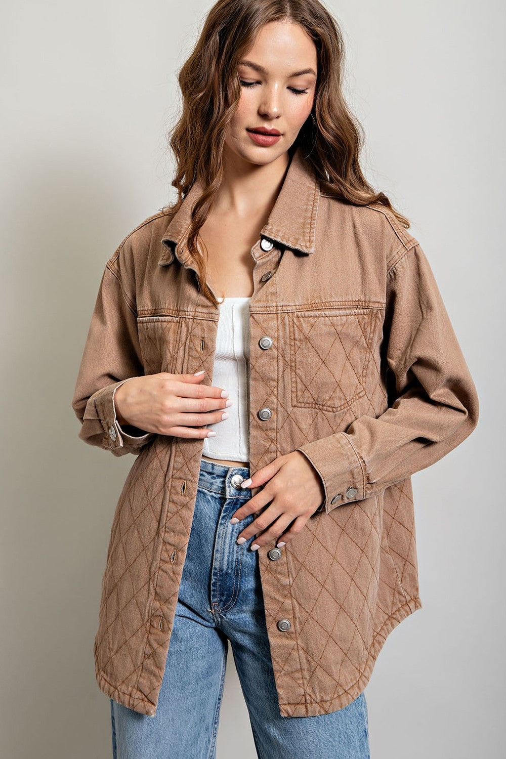 Camel Quilted Button Down Jacket 