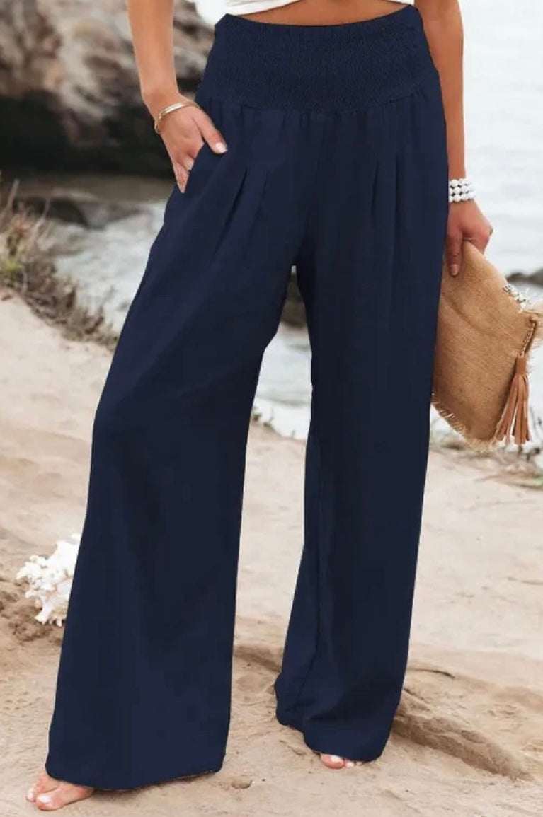 Wide Leg Linen Pants | Navy Blue