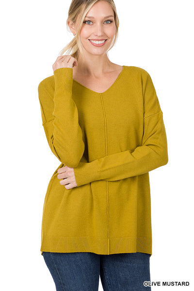 V-Neck Front Seam Sweater | Olive Mustard