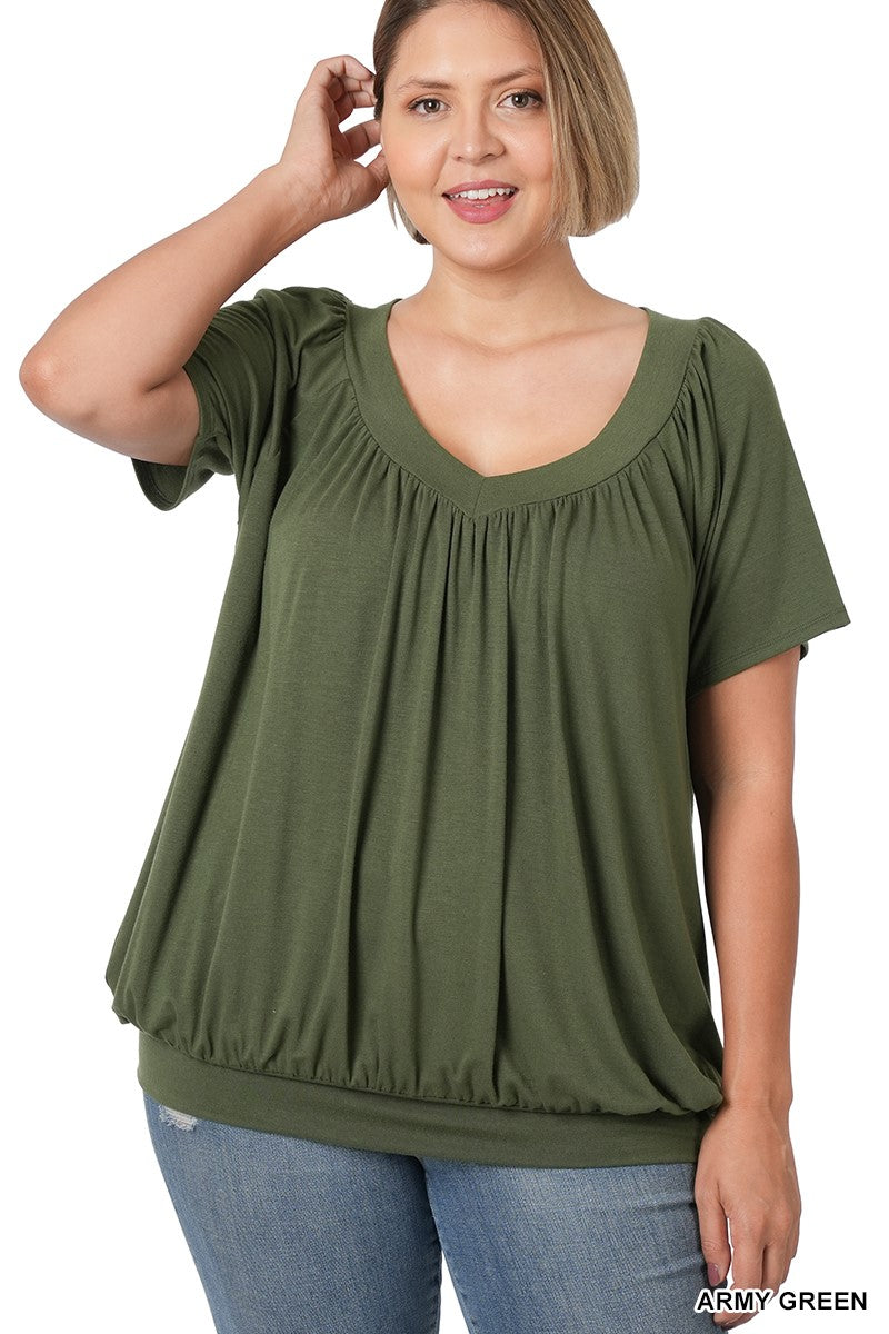 Army Green V-Neck Short Sleeve Shirring Top- Curvy Collection