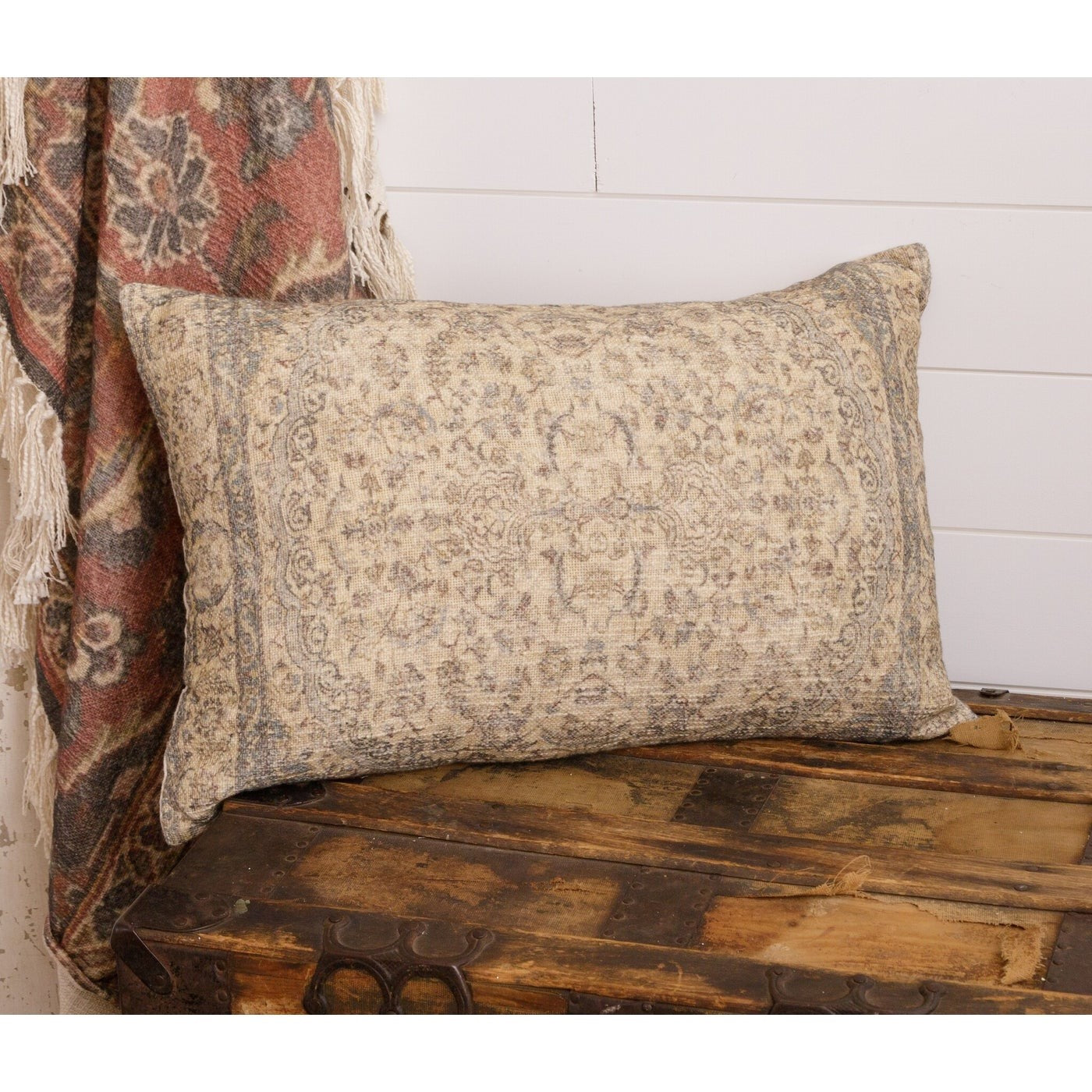 Antique Rug Slub Lumbar Pillow, Dusty Blue and Ivory