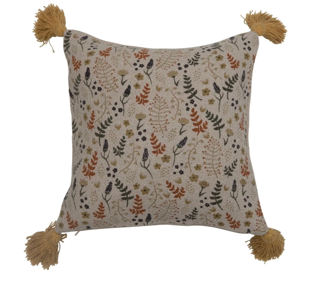 16" Recycled Cotton Blend Printed Pillow with Tassels
