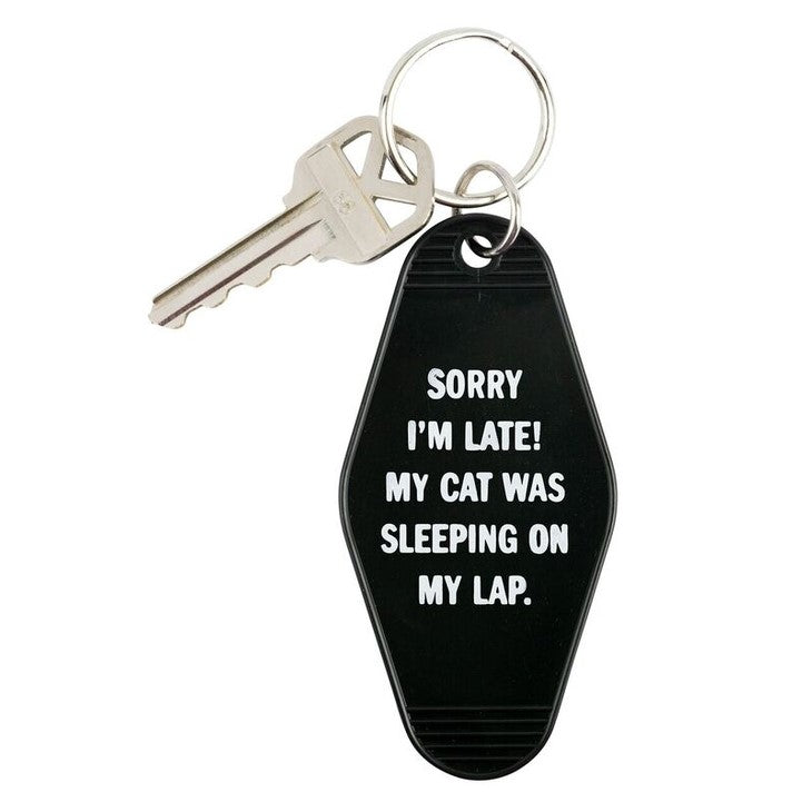 Large Snarky Keychains. Sorry I'm Late, Cat on Lap. 